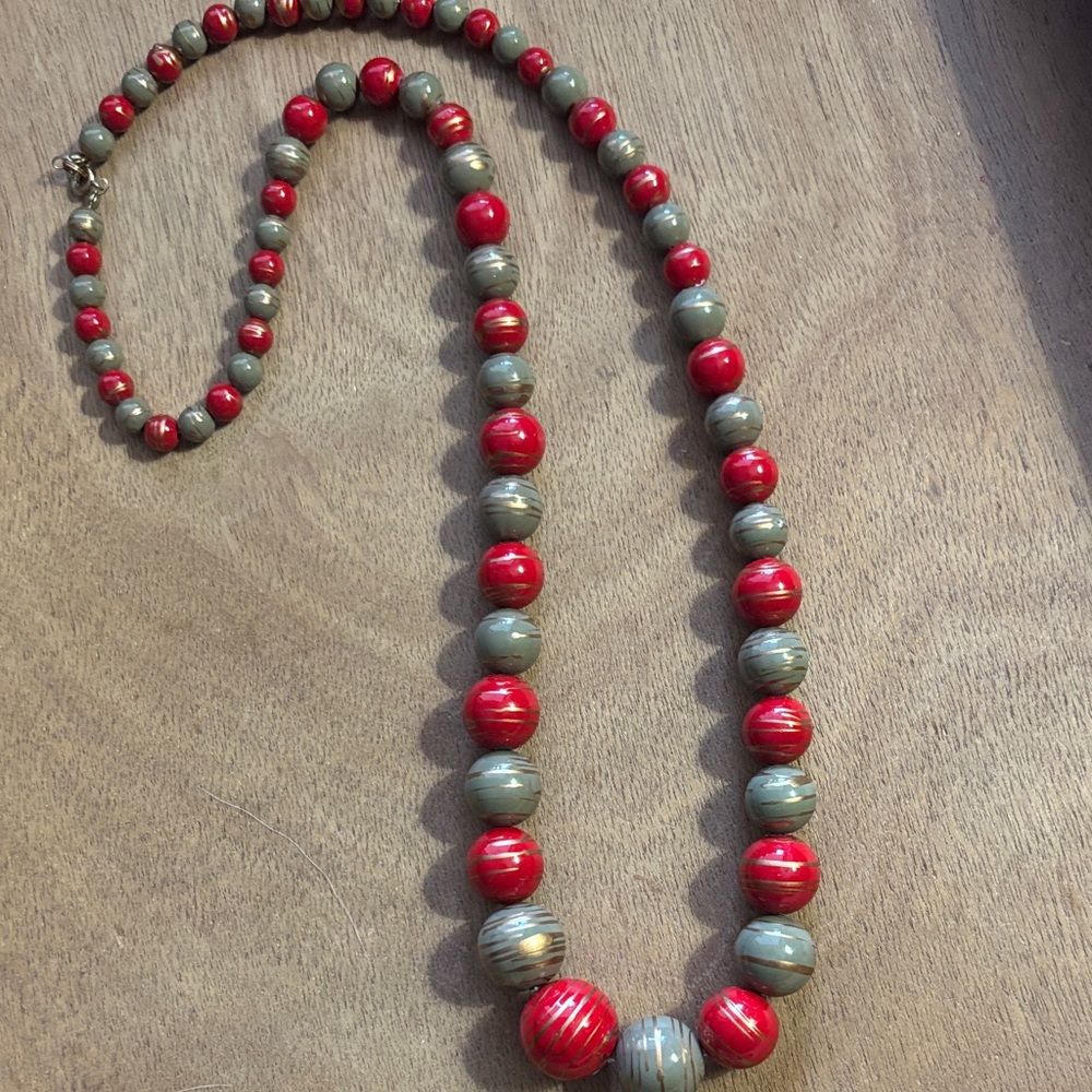 Elegant Red and Gray Gold swirl MCM Beaded Necklace